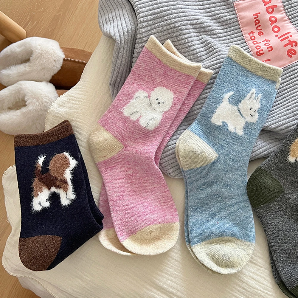 Cute Simple Socks Cartoon Dog Pattern Fashion Thickened Cotton Winter Casual Soft Warm Middle Tube Wool Socks for Women Girl