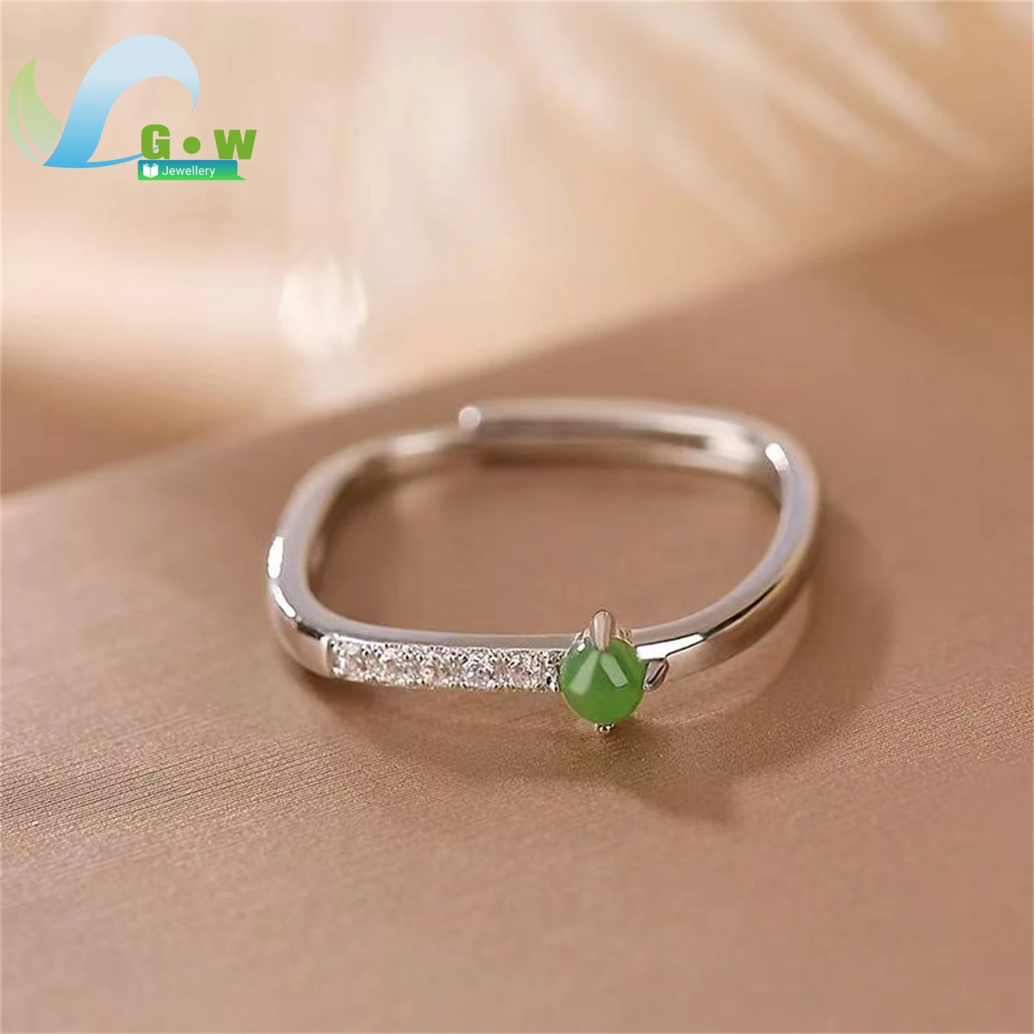 Natural Hetian Green Jade Round Bead Ring Women Minimalist Fresh Style Light Luxury High End Open Adjustable Band Finger Jewelry
