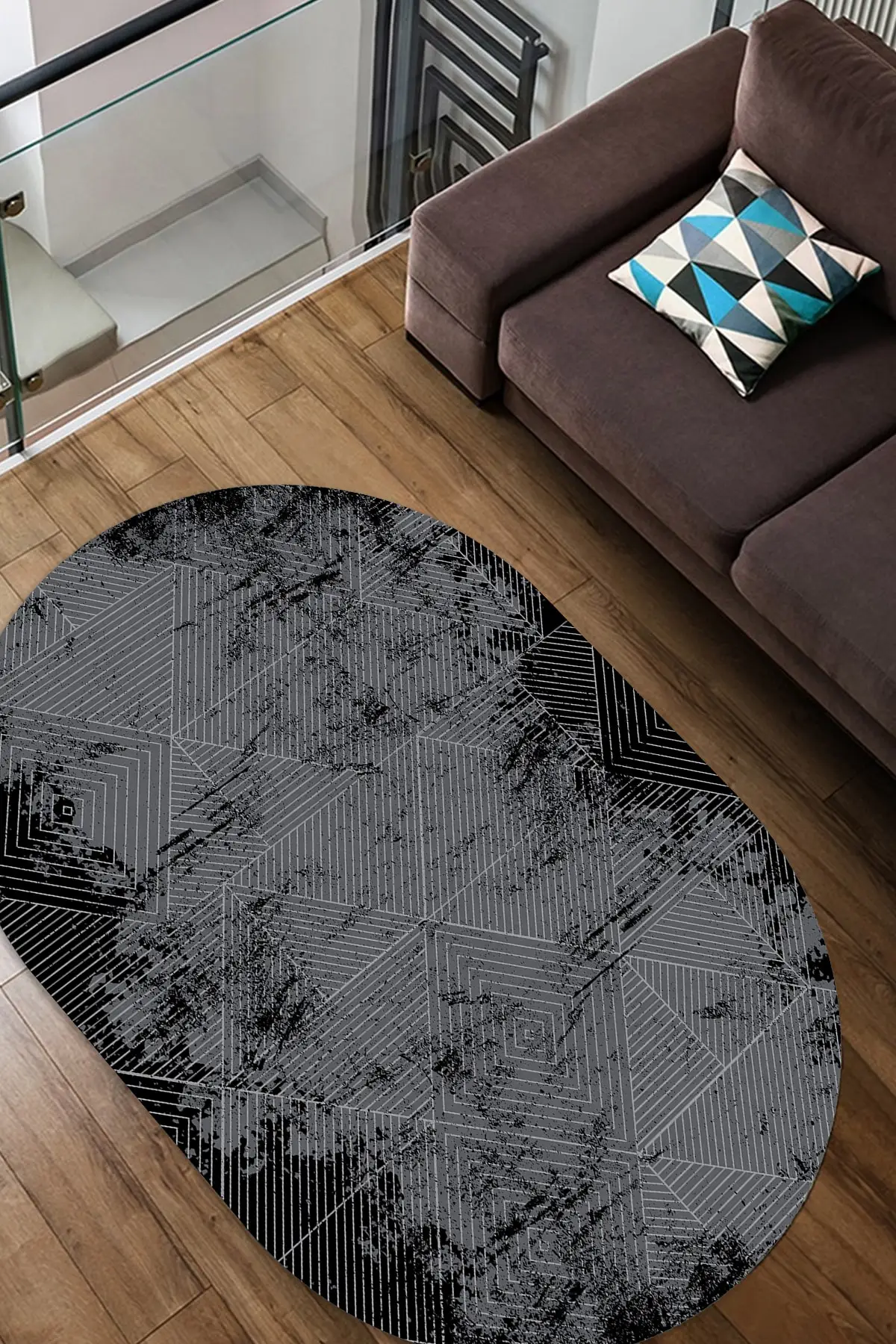 

DOLBOVI digital printed non-slip sole washable geometric Des. Black, anthracite Oval carpet yole-d1185