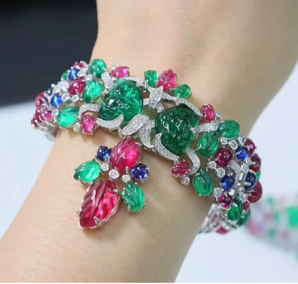 ARIGAYA 925 Sterlimg Silver With Red Green Blue Engraved Gemstone Colorful Fruit Style Bracelet For Women Fine Jewelry