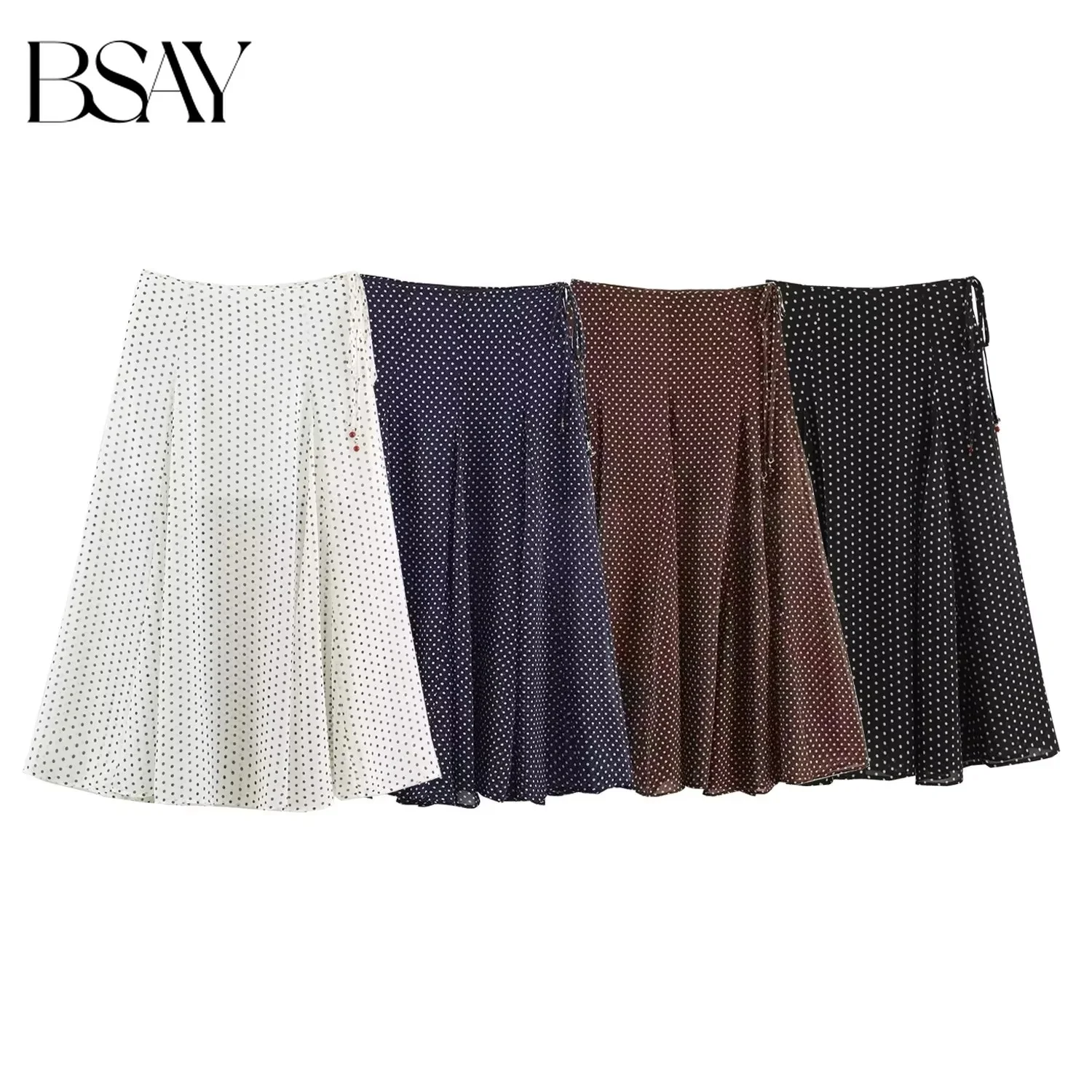 BSAY French Vintage Style Women New Polka Dot Print Midi Skirt Flowy A Line Swing Mid Calf Skirt For Casual Holiday Daily Outfit