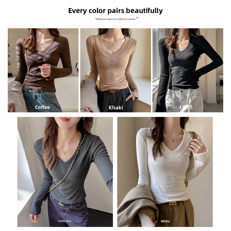 American Style V-Neck Velvet Ribbed Fleece Women's Base Shirt Slim Fit Bell Sleeve T-Shirt Inner Wear Autumn Winter Top