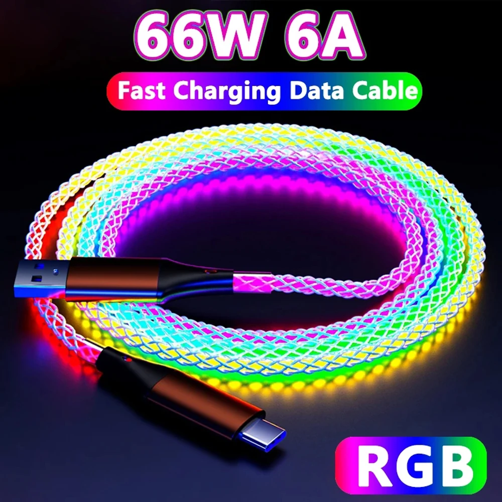 6A 66W Flow Luminous USB Type C to USB C Cable Fast Charging Data Cord 3 IN 1 LED Cable 9 Colors RGB Type C to Type C Cable