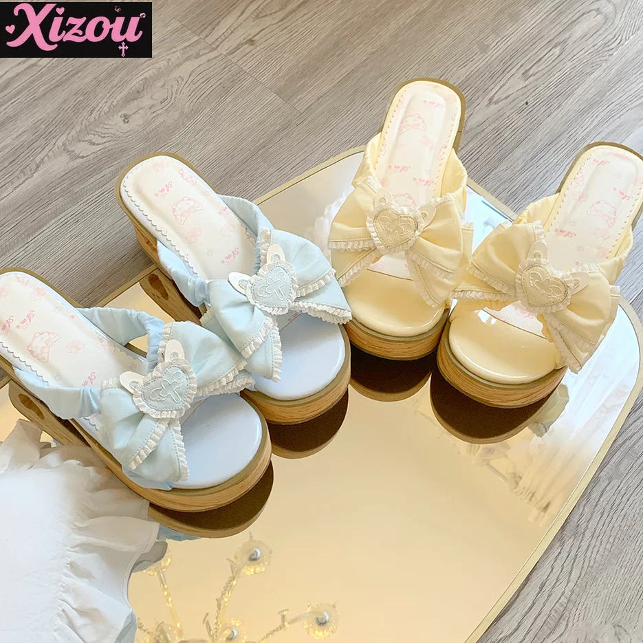 Summer Japanese Girl Wind and Wind Lolita Bow Love Sandals Women Sweet and Cute Kawaii Platform Wood Grain Bottom Sandals Female