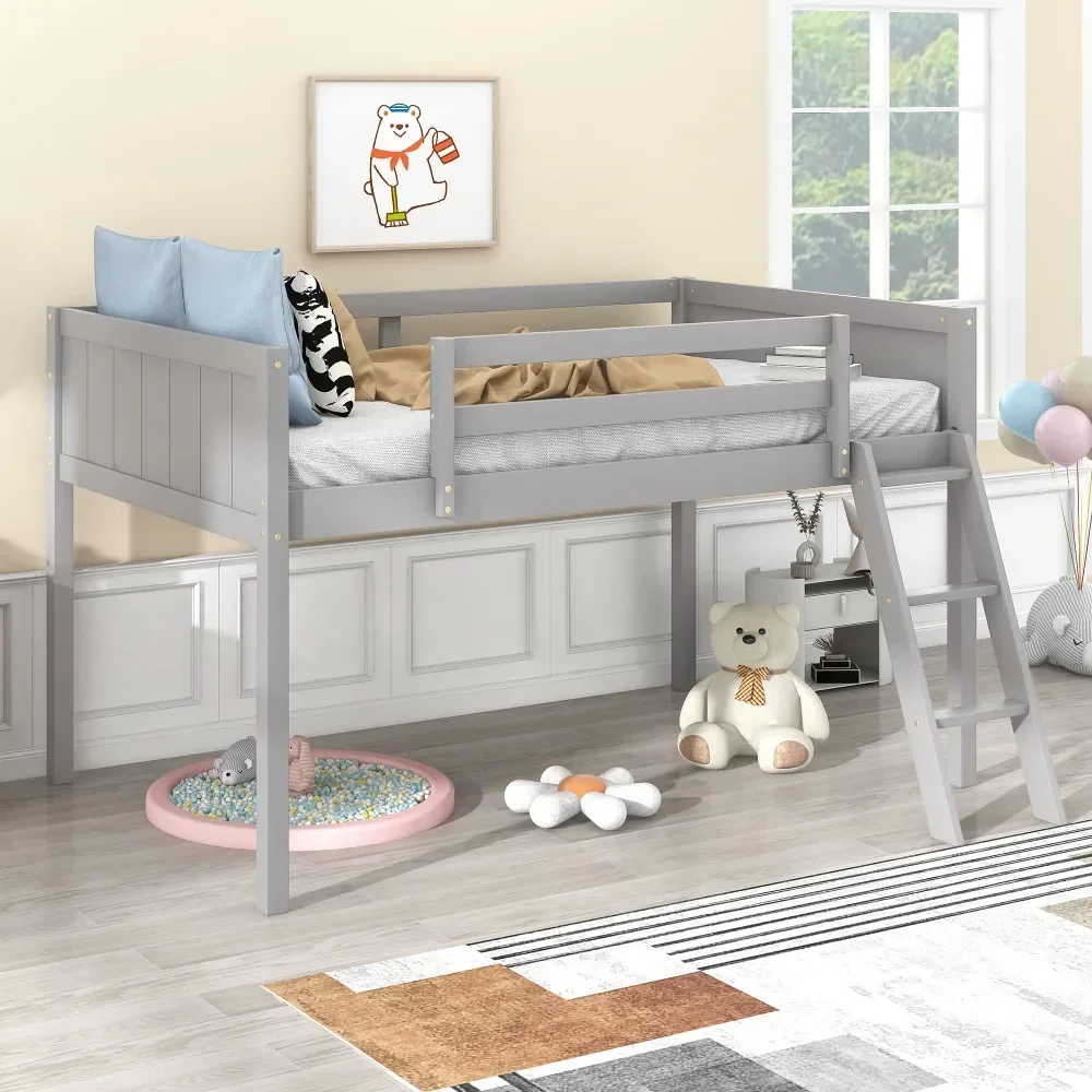 Kinderbedden Twin size houten laag hoogslaper met ladder, ladder kan links of rechts geplaatst, grijs kinderbed stapelbedden voor kinderen