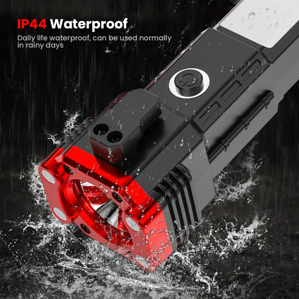 Super Bright Rechargeable LED Flashlight with Safety Hammer Magnet Work Light Portable Torch Light Outdoor Adventure Lighting