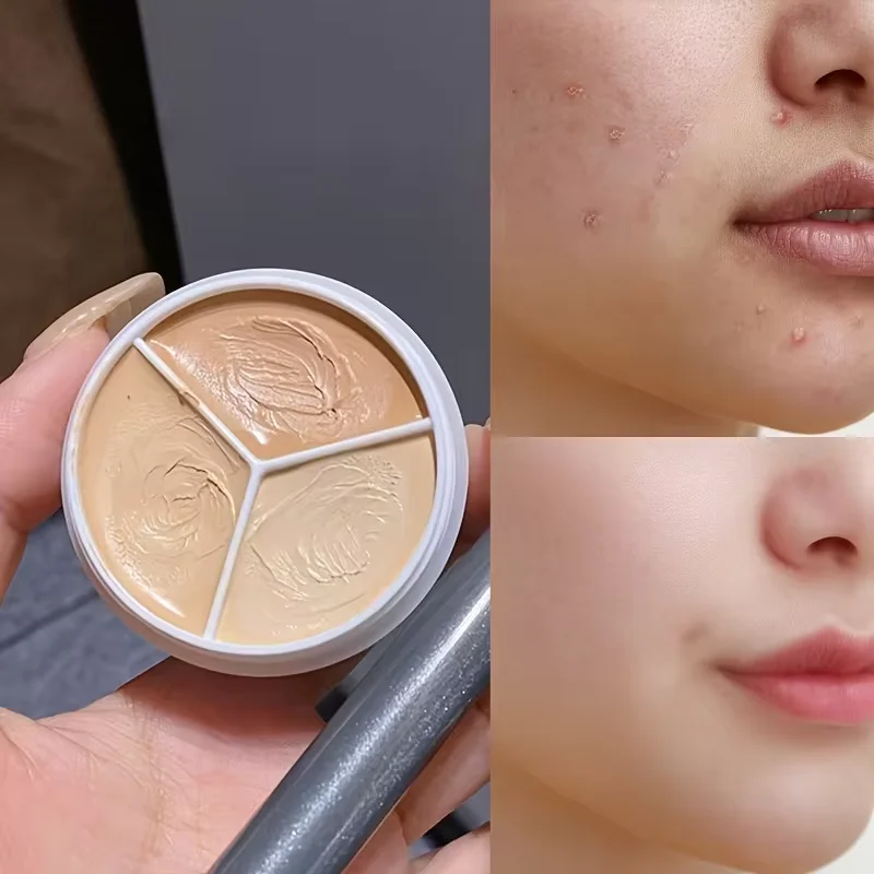Creamy 3-in-1 Concealer Palette Full Coverage Oil-Control Long-Lasting for Dark Spots Redness & Pores Primer & Contour Cosmetic