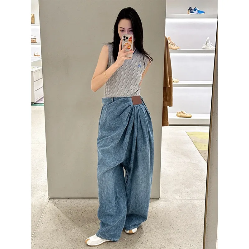 Women's Asymmetrical Twist Wide Leg Jeans Draped Floor Length Casual Denim Pants