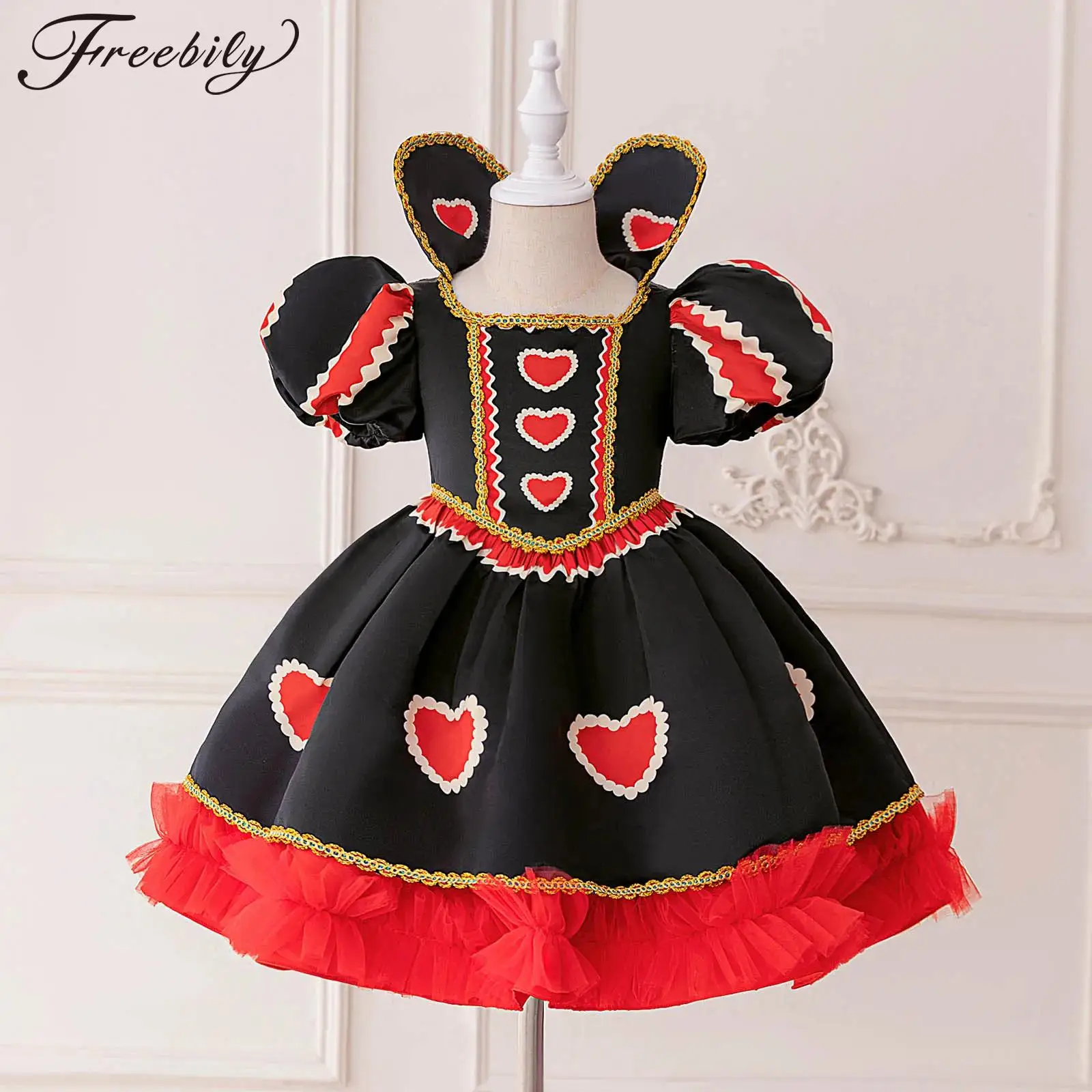 

Kids Girls Christmas Princess Gown Halloween Party Red Heart Queen Cosplay Costume Short Sleeve Braided Trim Mesh Tutu Dress