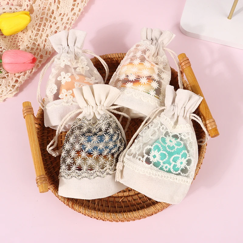 14*10cm Canvas Drawstring Bags Transparent Lace Window Storage Bags New Year Wedding Candy Bag Christmas Gift Storage Bags