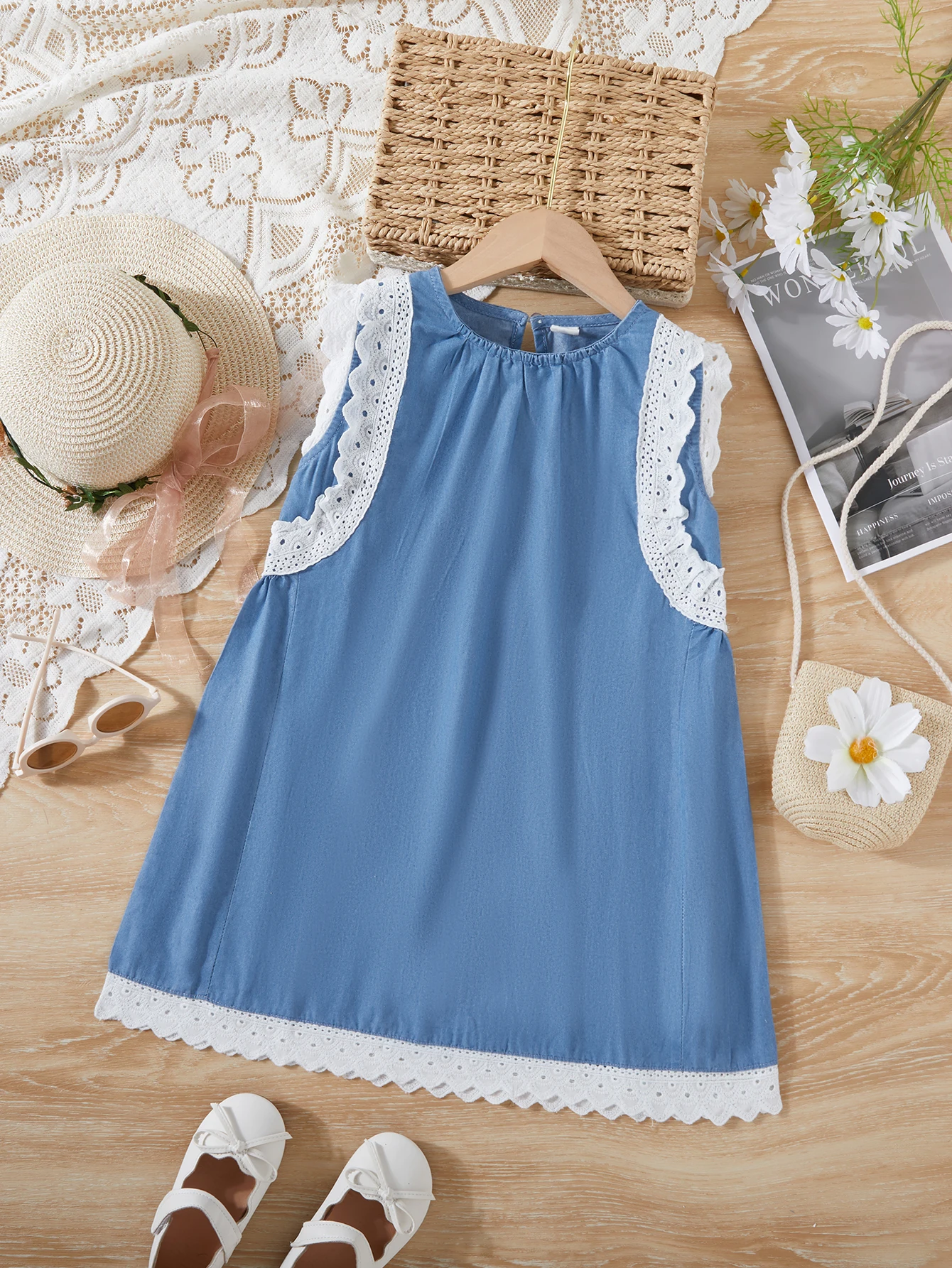 Summer Baby Girls Casual Lace Denim Dress Little Girl Party Fashion Princess Dress Kids Toddler Crew-neck Sleeveless Clothes