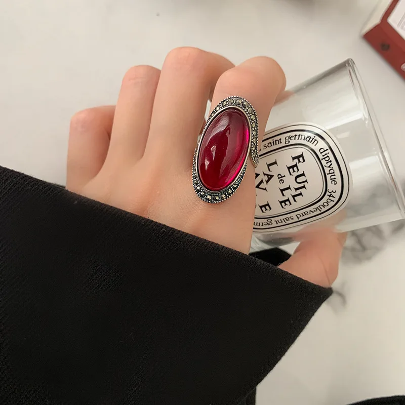 Personality Exaggeration Vintage Red Garnet Stone Thai Silver Ladies Engagement Rings Jewelry For Women Birthday Gifts No Fade
