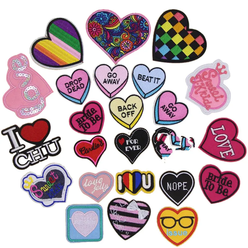 Free Shipping 10 pcs heart shaped colorful spaces word embroidered Iron On Patches garment badge Quality Appliques diy accessory