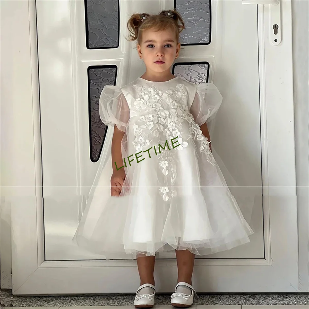 Vestido de mangas inchadas, princesa pérolas, apliques de beading, vestido de festa infantil, vestido de primeira comunhão, lindo, 2024