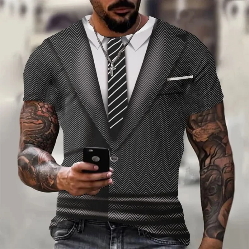 Men Vintage Fake Denim Jacket T Shirt 3D Print American Western Style Oversized Short Sleeve Tee Summer Cool Streetwear Tops