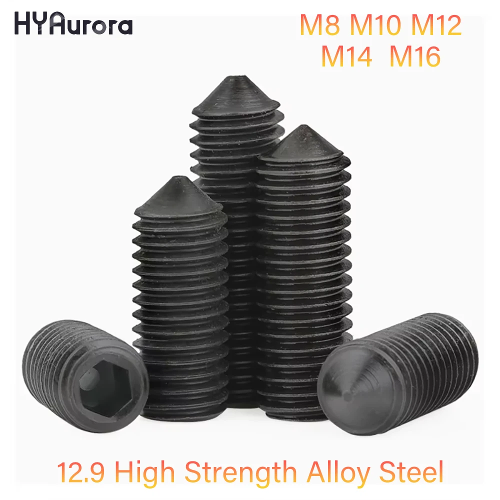 M8 M10 M12 M14 M16 Grade 12.9 Black Carbon Steel Hex Socket Set Screws, Cone Point, Allen Head Grub Screws