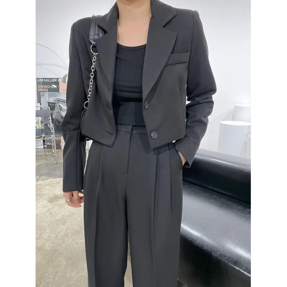 シックな韓国風レディーススーツセット カジュアルルーズロングパンツ ジャケットツーピースセット 秋ファッションアウトフィット ロングスリーブ...