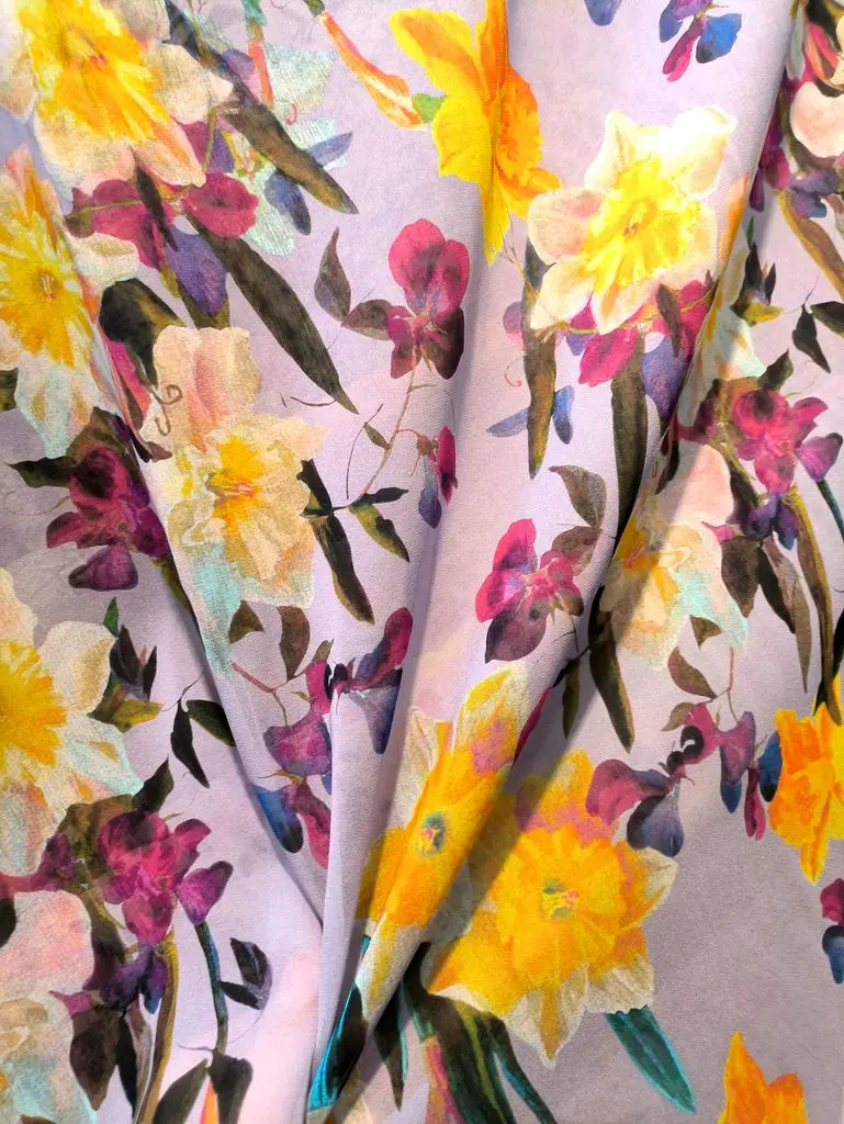 Crepe Italian Luxury D Brand Yellow Flowers 100% Mulberry Silk Fabric Georgette Fashion Cloth Shirt Dress Sewing Per Meter Mater