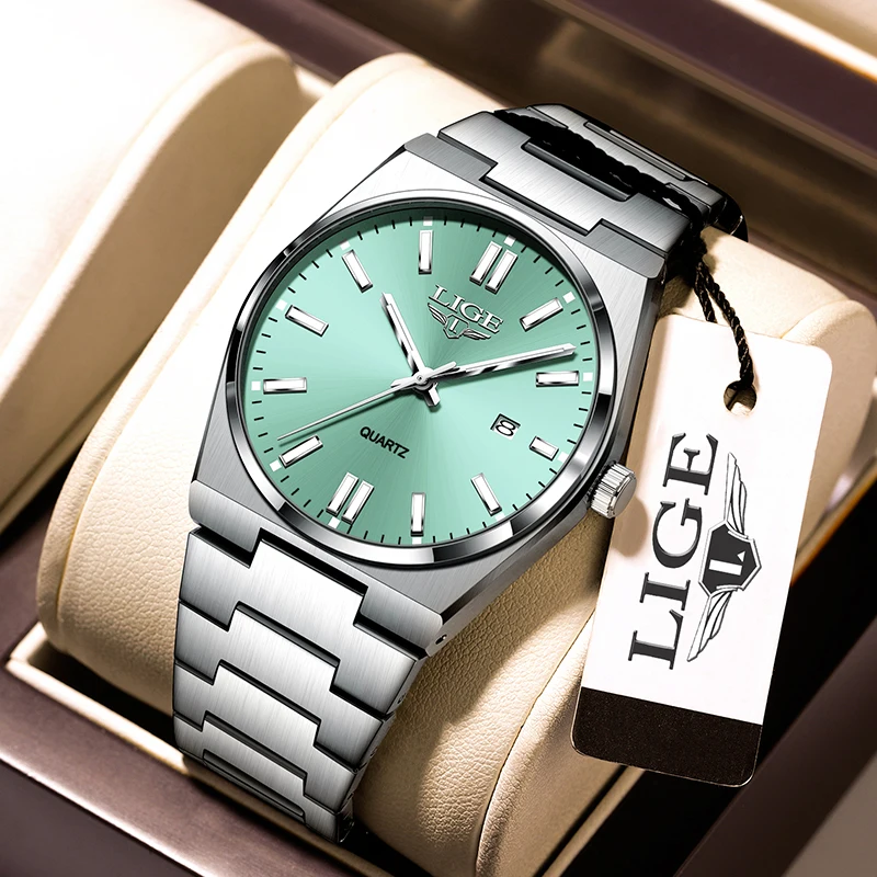 LIGE Business Luxury Quartz Man Watch Simple Stainless Steel Band Casual Watches for Men Waterproof Luminous Auto Calendar Clock