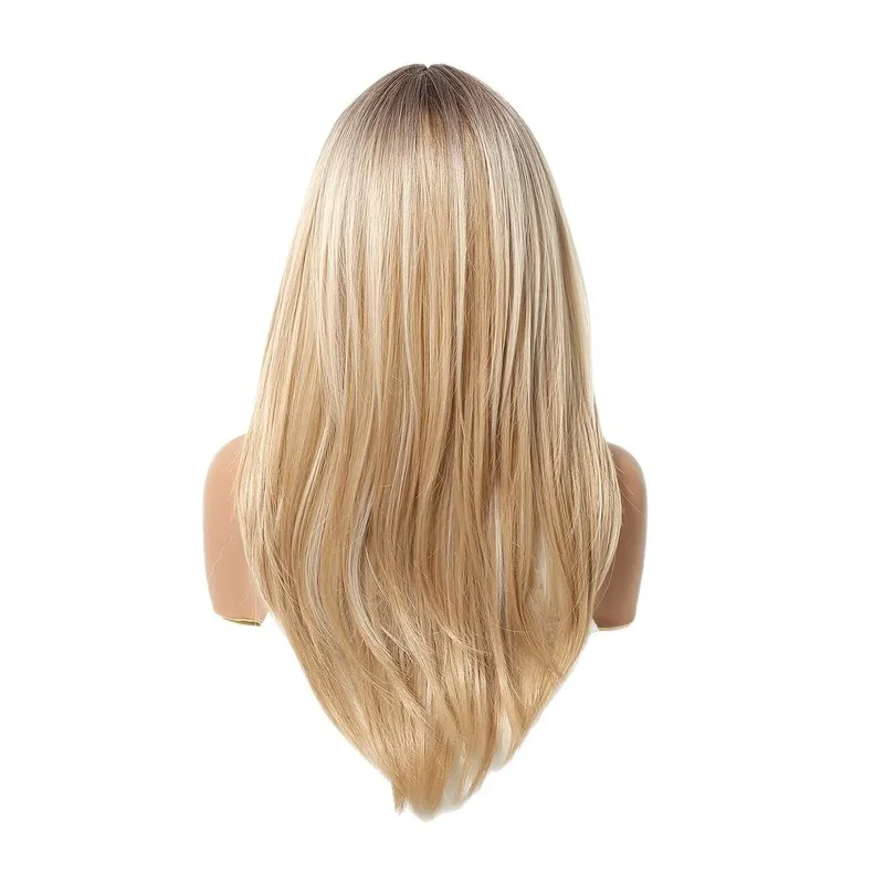 Trendy European American style wig with a center part, side-swept bangs, slightly wavy hair, and a light golden color