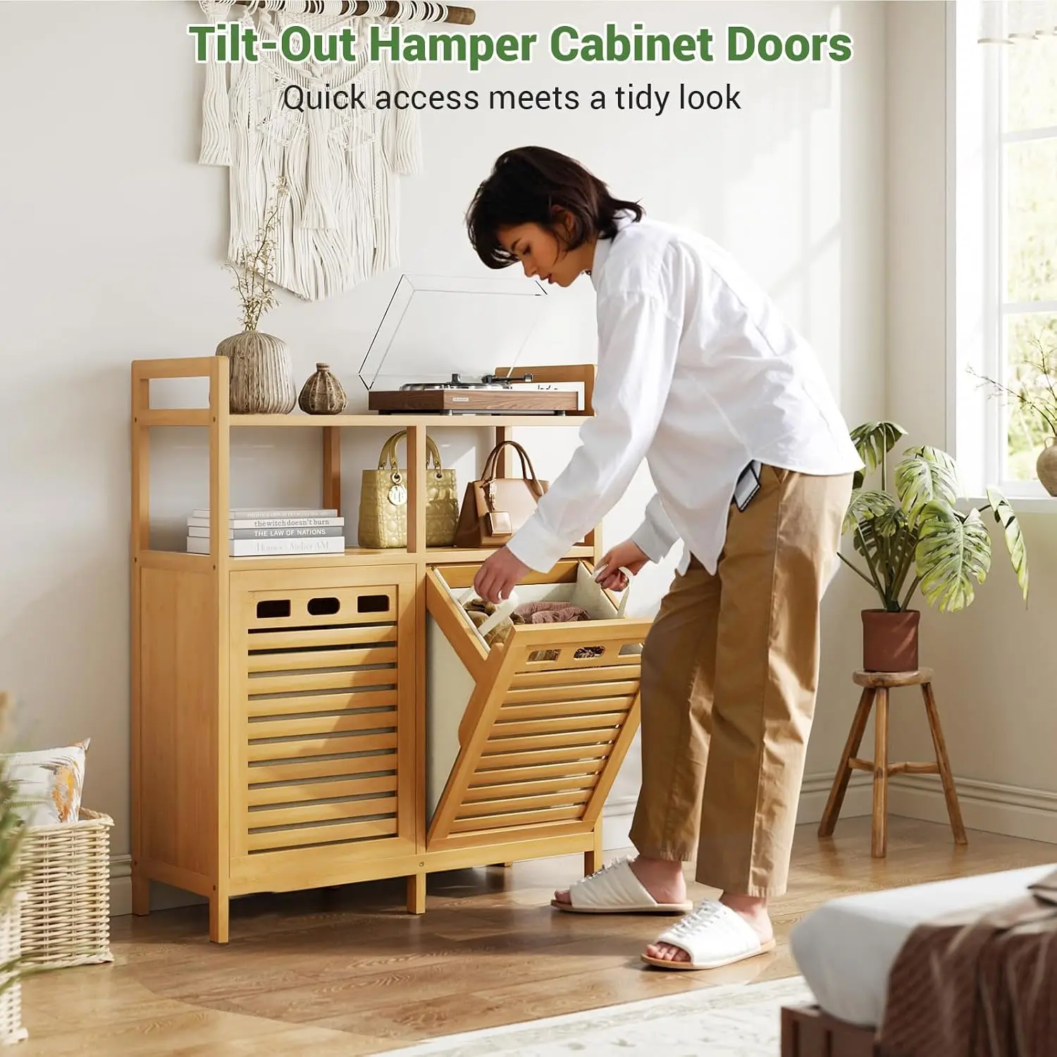 Tilt Out Bamboo Double Laundry Hamper Storage Cabinet with 2 Removable Baskets, 20 Gallon Clothes Sorter Organizer with Top Shelf for Bathroom Laundry Room Natural Wood Tone view 4