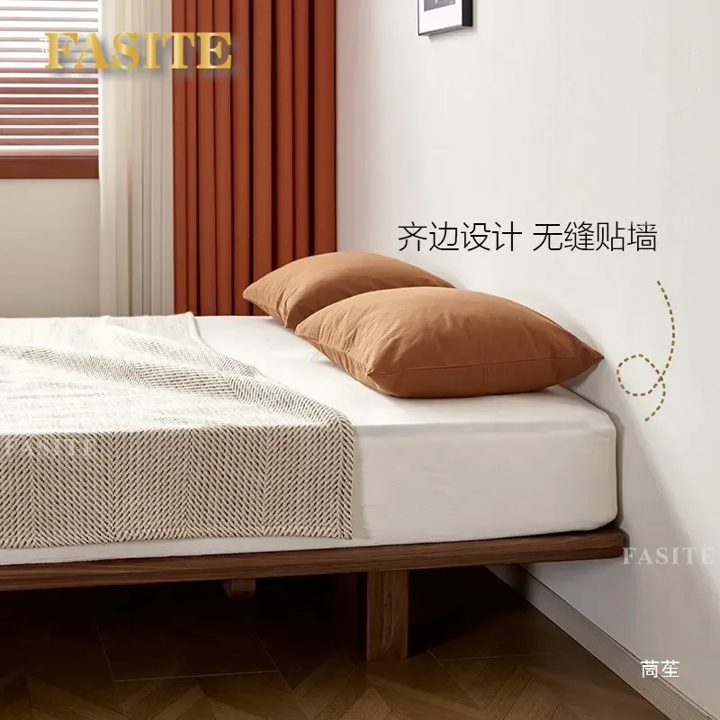 For North American Black Walnut Floating Bed Frame Solid Wood Double Bed No Headboard Tatami Style Minimalist Design for