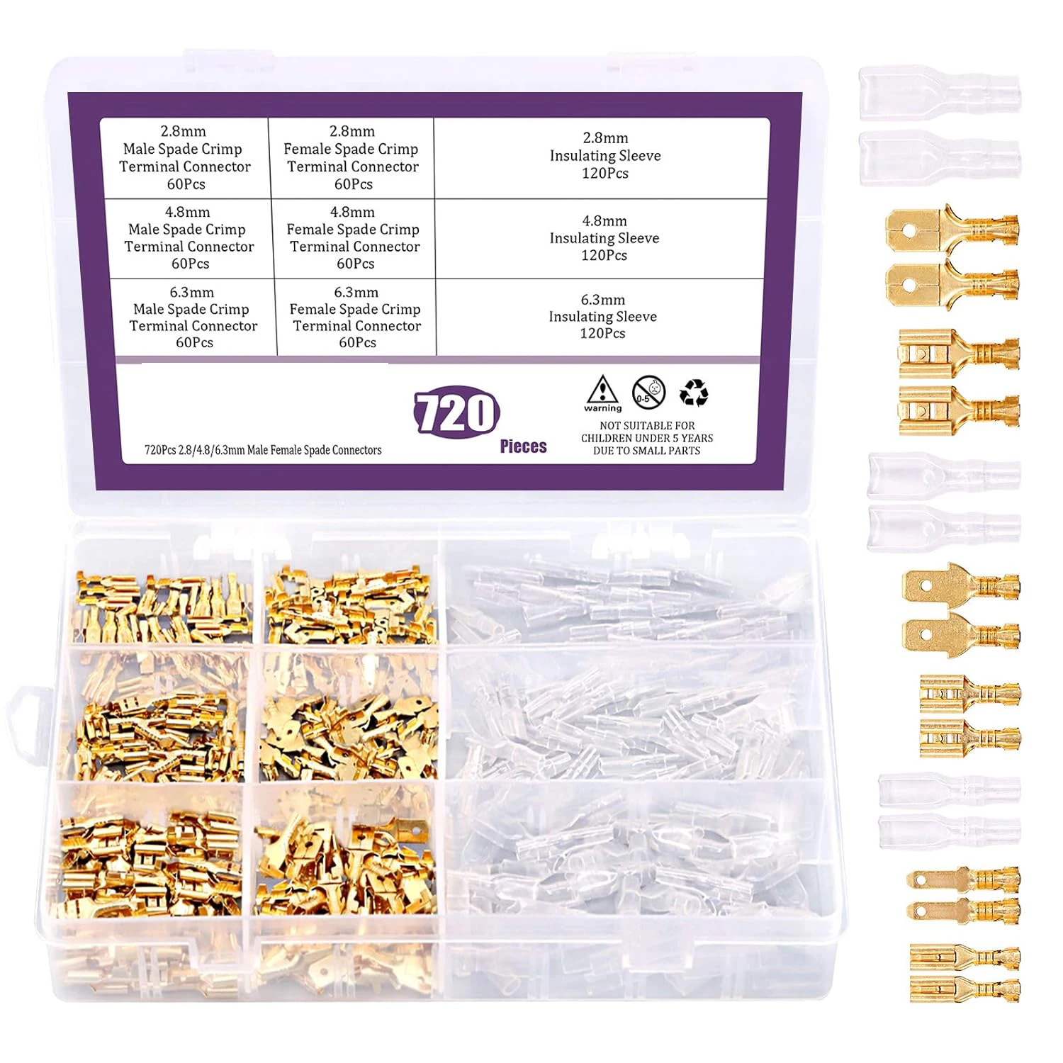 

720 шт., золотые 2,8/4,8/6,3 мм, мужские и женские лопаточные быстроразъемные соединители, обжимной клеммный блок с изоляционной втулкой, ассортиментный комплект