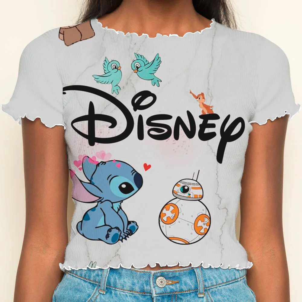 T-shirts Crop Top T-shirt Lettuce Trim Summer Clothes Women 2024 Woman Clothing Disney Tops Sexys Stitch Short Sleeve Y2k Disney