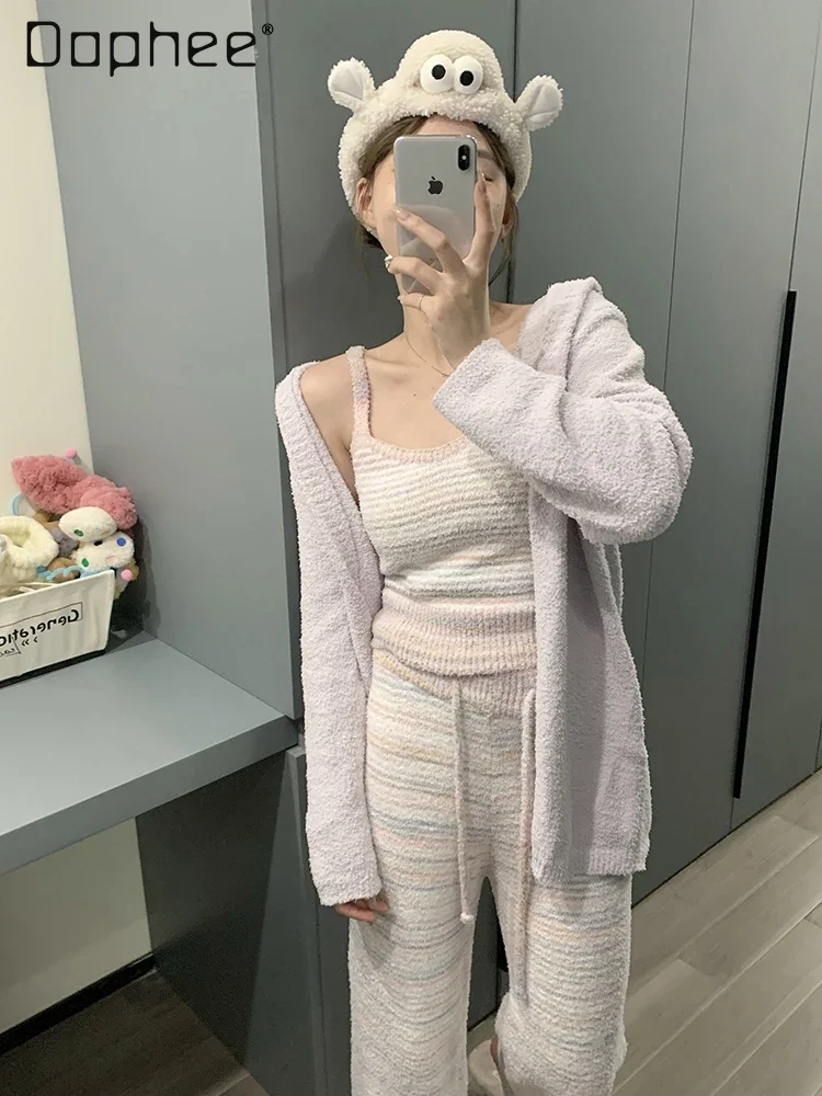 pyjama-raye-arc-en-ciel-a-la-mode-coreenne-pour-femmes-cardigan-a-capuche-camisole-pantalon-ensembles-doux-trois-pieces-vetements-d'interieur-souriants