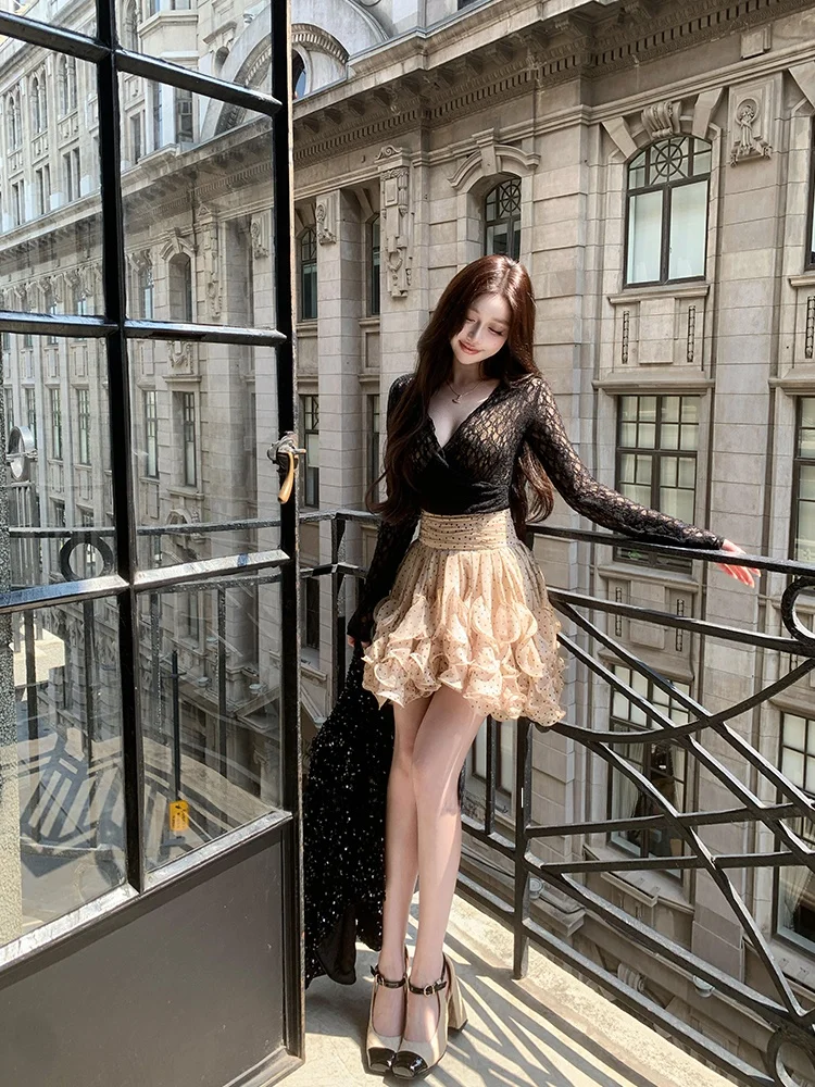 

Black Lace Long Sleeve Set Women's Fashion Autumn Outfit High Waist Short Skirt Two-Piece Suit Elegant Lady Style Princess Wind