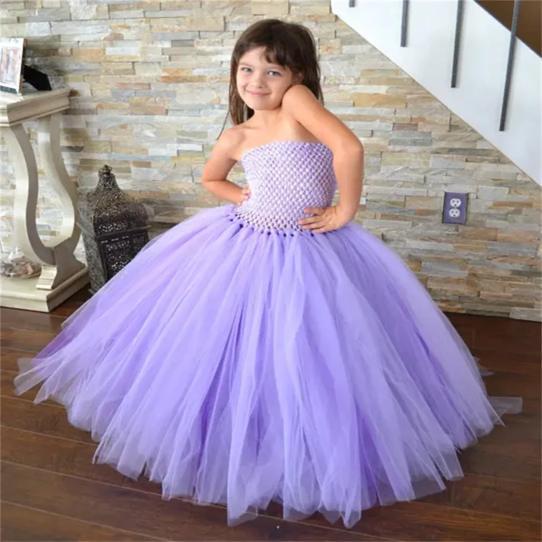 Communion Girls Purple Trailing Evening Tutu Dress Kids Fluffy Crochet Long Tulle Corset Tutus Ball Gown Children Wedding Party