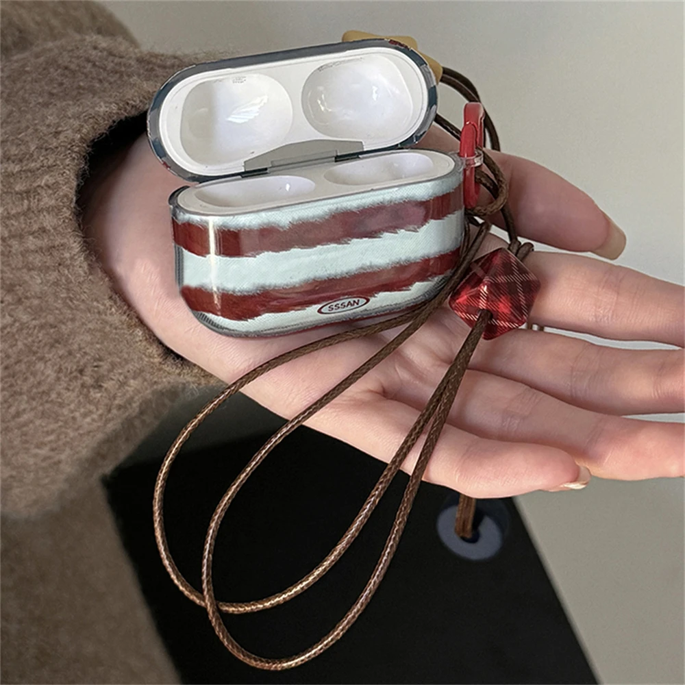 Cute 3D Blue Brown Stripe Pattern Headphones Case For AirPods 1 2 3 4 With Lanyard Protective Shell Soft Cover For AirPods Pro 2