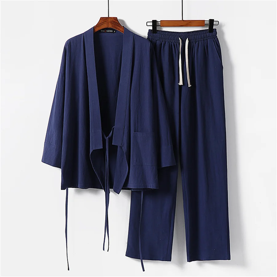 Blue Men's Summer Cotton Linen Two Pieces Sets Lace-up Kimono Tops and Long Pants Male Casual Hanfu Tang Suit Plus Size