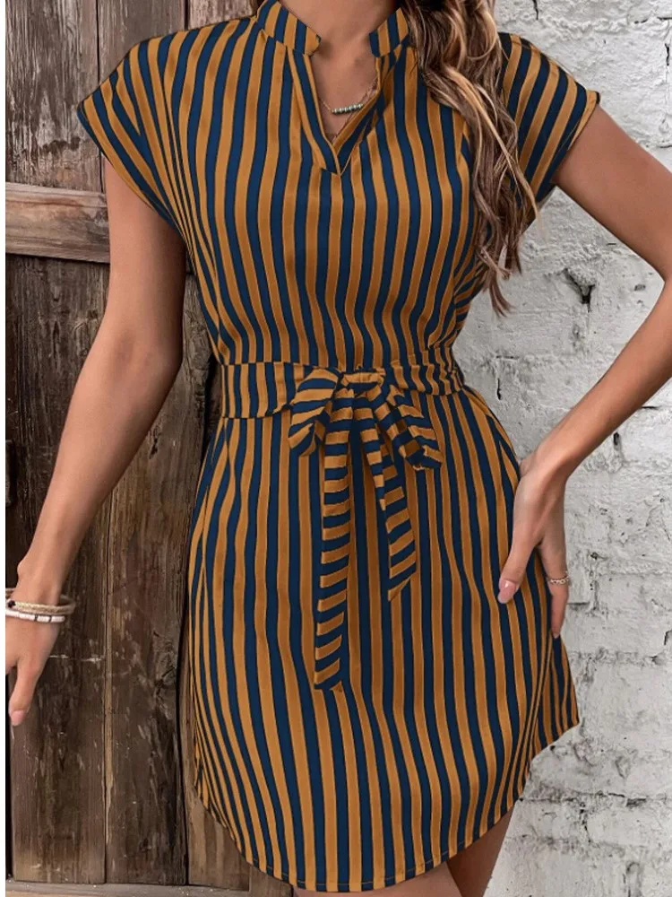 

Summer New Arrival Fashion Dress Sleeveless Striped Print Leisure Dress Elegant V-neck For Female Office Lady Vestidos
