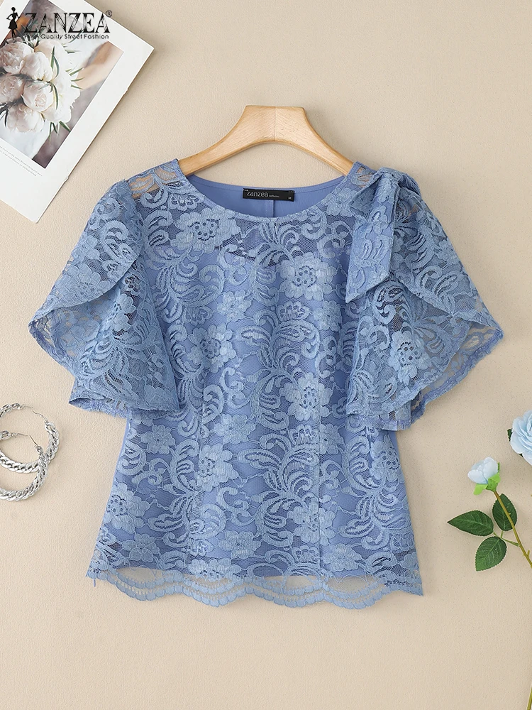 

Элегантные летние ажурные блузки ZANZEA, стильные женские кружевные топы, однотонная рубашка с короткими рукавами-лепестками, повседневные лоскутные праздничные блузки