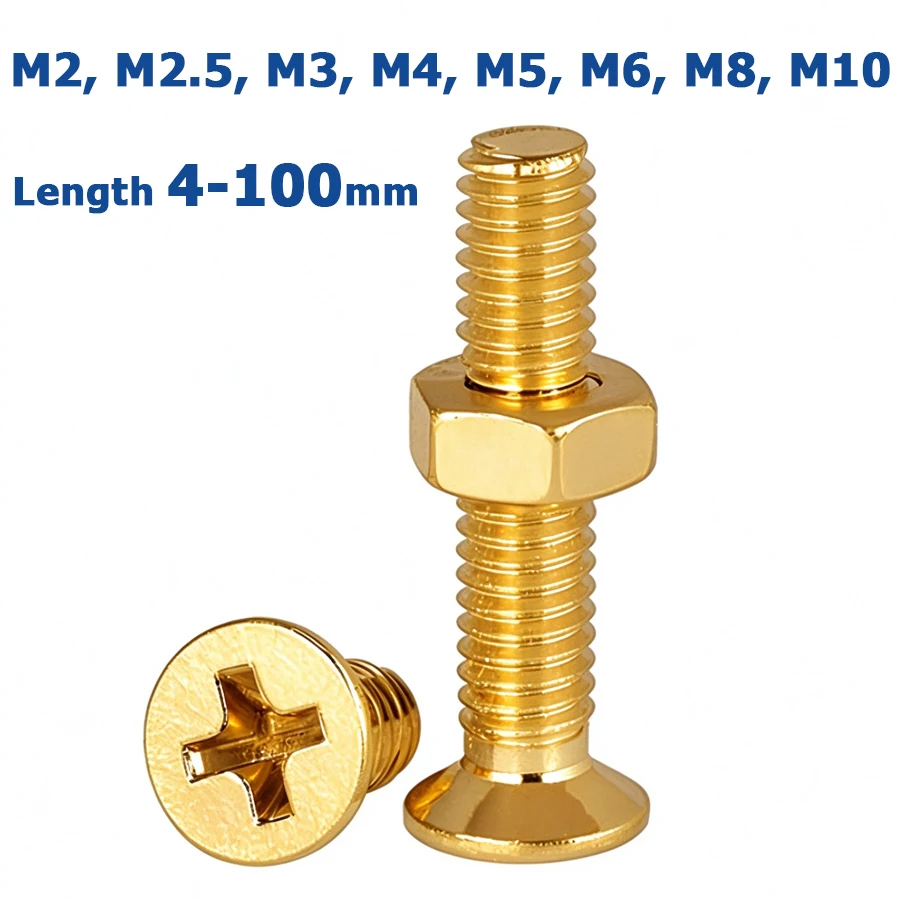 2-100 Sets Brass Phillips Countersunk Screws with Hex Nut M2 M2.5 M3 M4 M5 M6 M8 M10 Cross Flat Head Combination Bolt 2 In 1 Kit