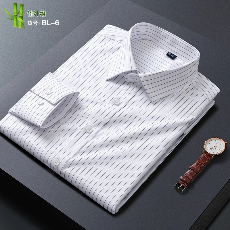 

Men's Shirt Long Sleeve Stretch Bamboo Fiber Slim Fit Business Formal Dress Shirt, Thin Striped Comfortable Social Shirt 39-45