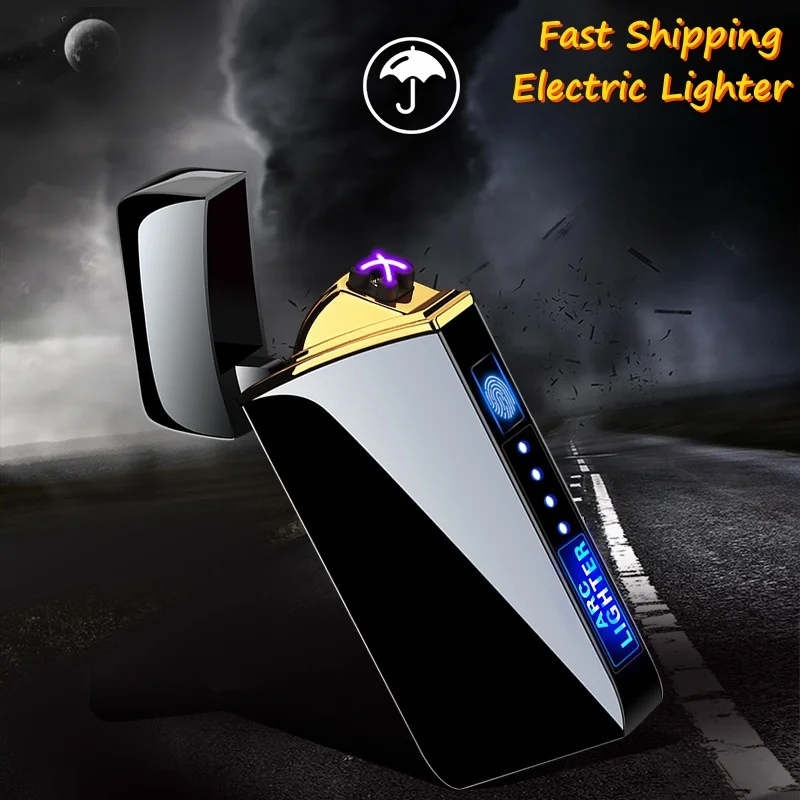 Electric Windproof Metal Lighter Double Arc Flameless Plasma Rechargeable USB Lighter LED Power Display Touch Sensor Lighter