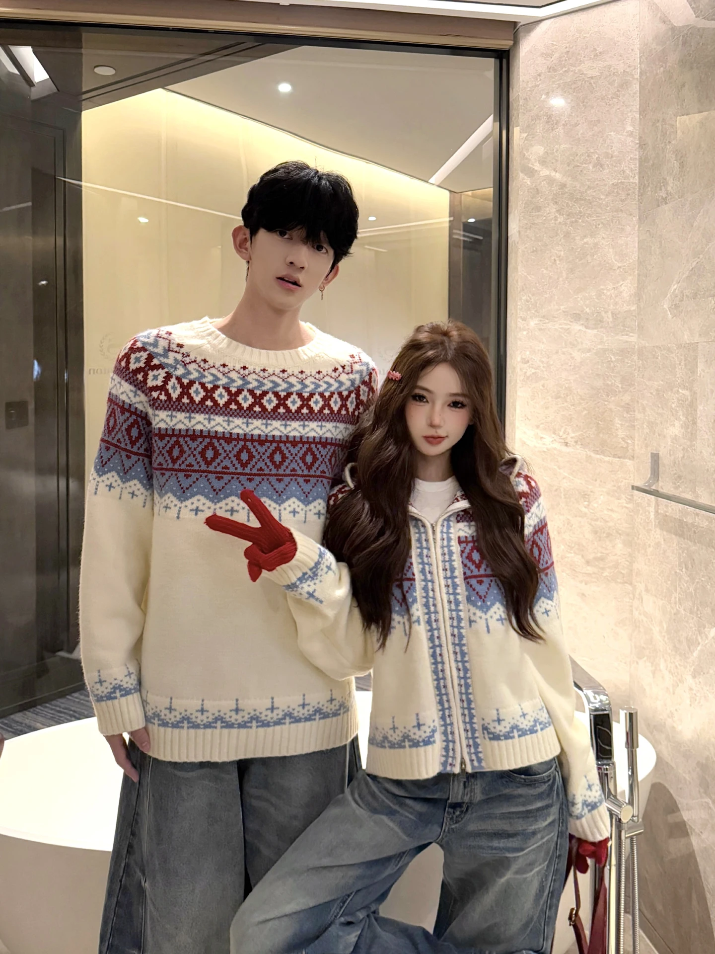 Couples Knitted Sweater Hooded Lazy Nordic Style Loose Fit Cardigan Coat Soft Flock Island Pattern Casual Comfortable Spring ...