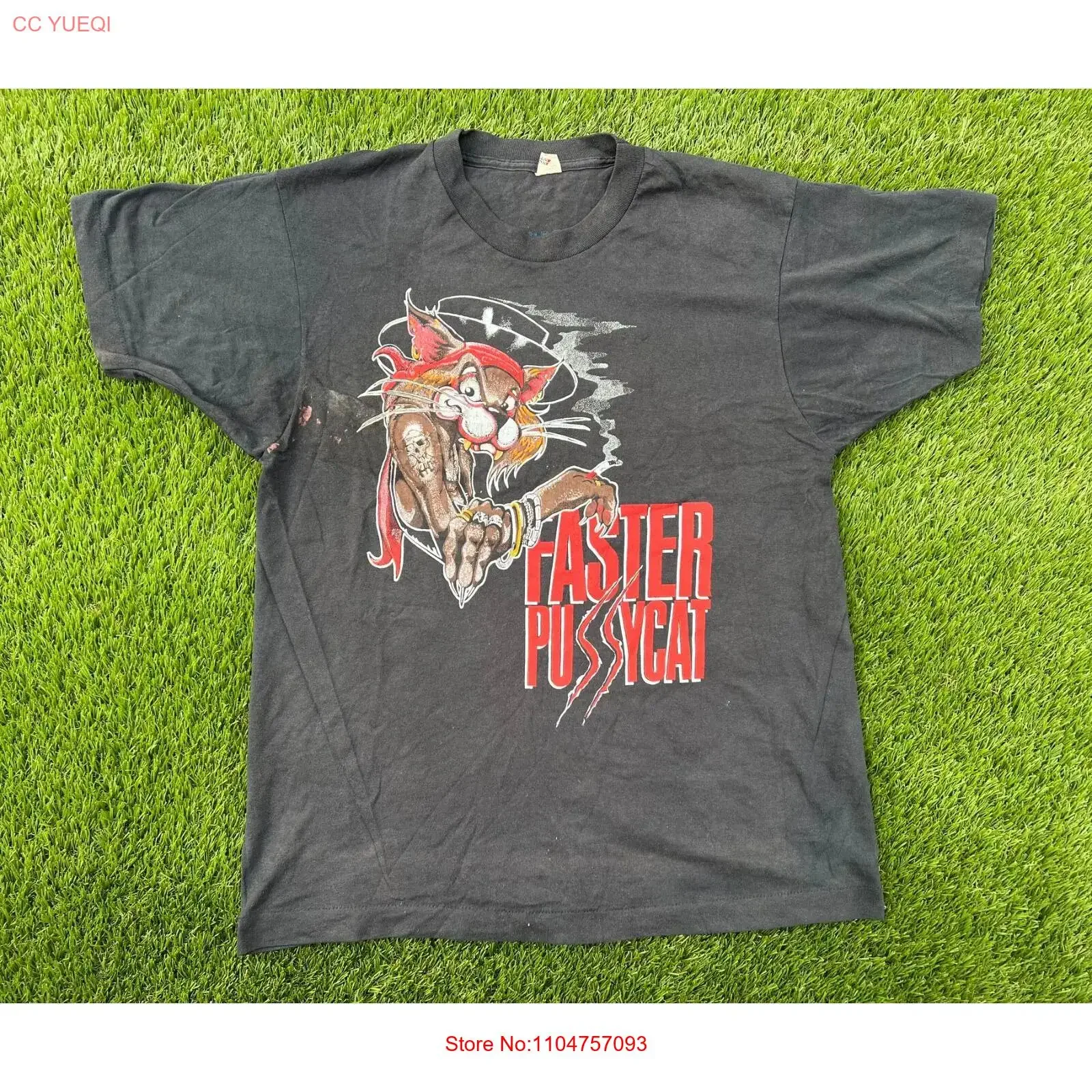 Vintage 80s Faster Pussycat Metal Band T Shirt Screen Stars Double side Faded vintage Washed fashion graphic Casual homme