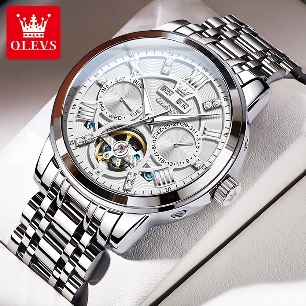 OLEVS 6701 Top Brand Original Men's Watch Dual Calendar Stainless Steel Hollow Flywheel Automatic Mechanical Wristwatch for Men
