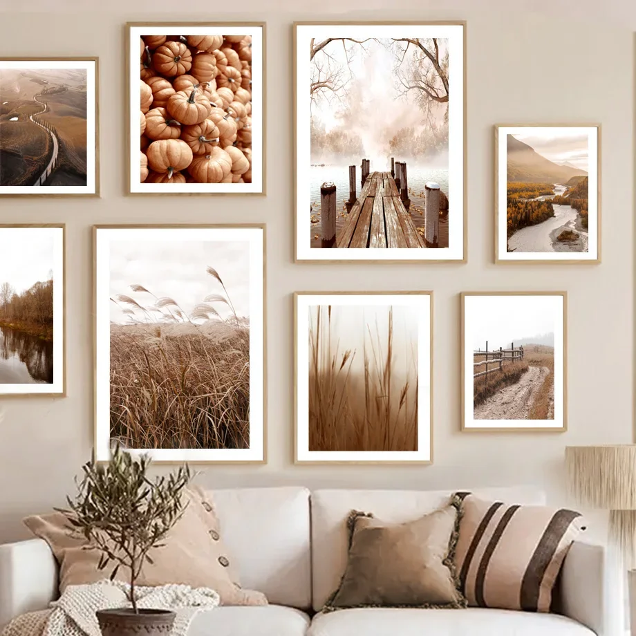 Autumn Misty Pier Reed Pumpkin Leaf Pine Wall Art Canvas Painting Nordic Posters And Prints Fall Pictures For Living Room Decor