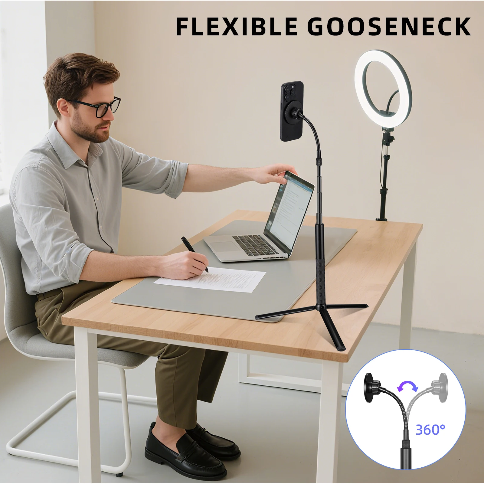 60“ Flexible Gooseneck Phone Tripod Magnetic Phone Holder for iPhone & Android Portable Aluminum Cellphone Stand for Selfies