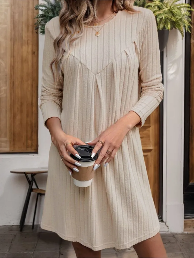 

Dresses 2025 Woman Casual Round Neck Solid Color Dress All-match Loose Simple Style Vestidos Long Sleeves Commuting Temperament