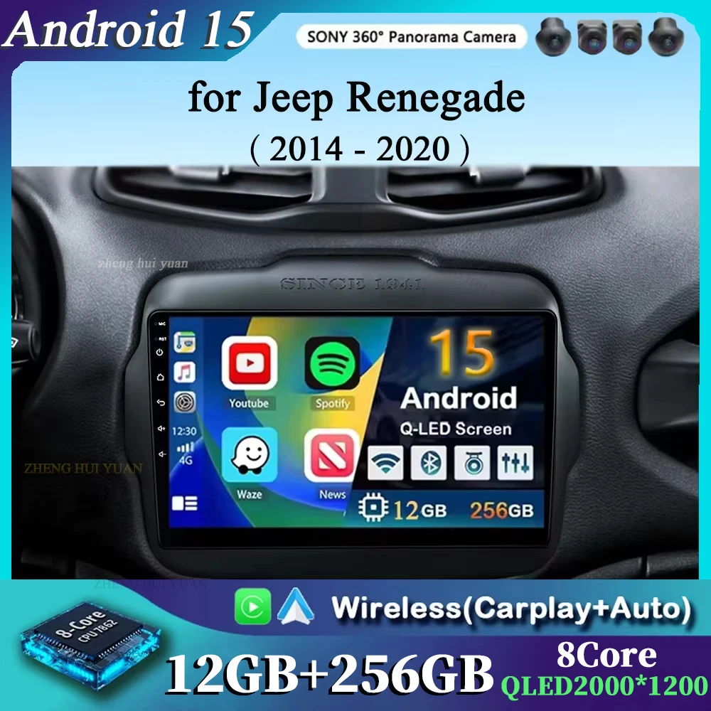 Android 15 Carplay Auto Autoradio per Jeep Renegade 2014 - 2020 Navigazione GPS Lettore video multimediale Auto Radio Audio stereo