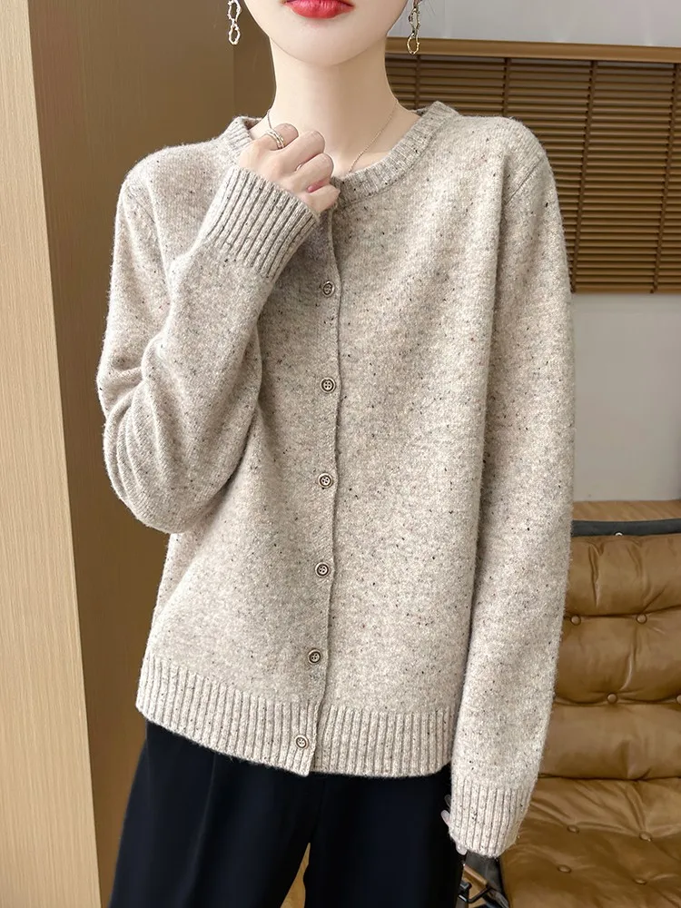 

Женский кардиган с круглым вырезом из 100% мериносовой шерсти, осень-зима, толстый теплый повседневный модный трикотаж на пуговицах, свитер