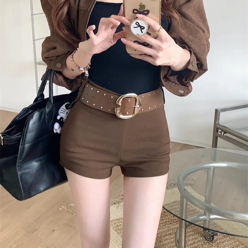American Style Spicy Girl High Waist Elastic Slim Fit Casual Shorts Outerwear with Belt Korean Style Commute Pure Color