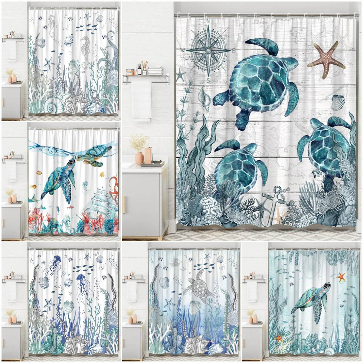 

Ocean Animal Shower Curtain, Undersea Sea Turtle Seahorse Starfish Coral Fish FunnyCat Sailboat Stone Print Bathroom Decoration