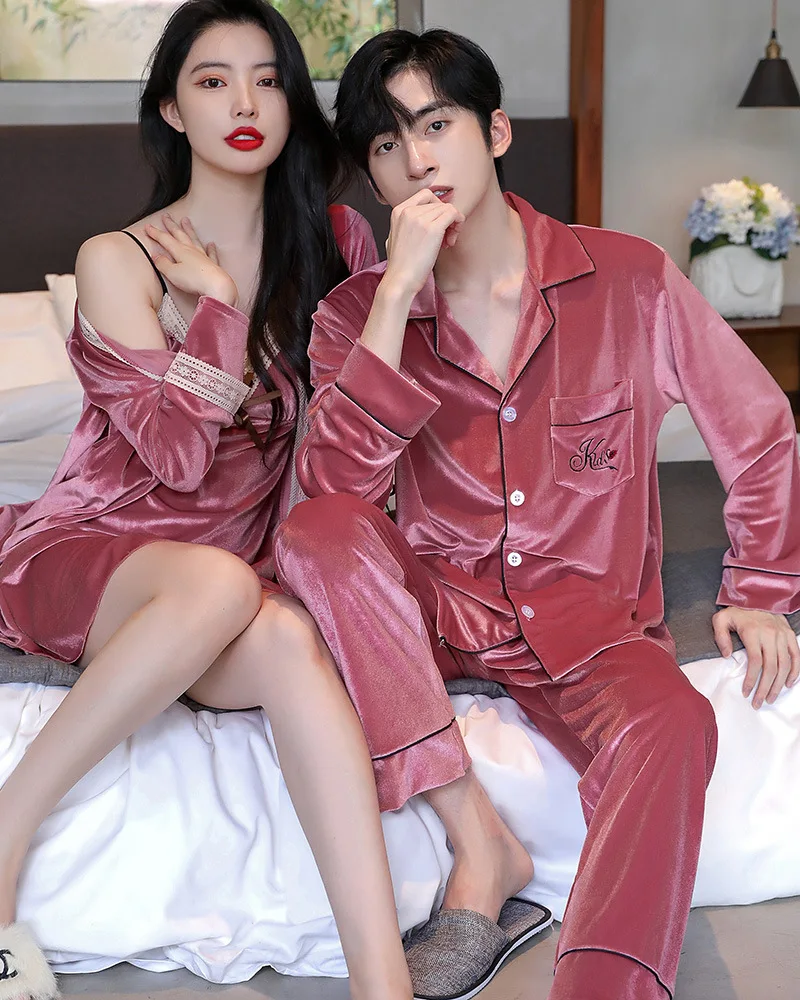 

Winter Women Velour Bathrobe Gown Set Autumn Couple Sleepwear Velvet Men Shirt Pants Loungewear