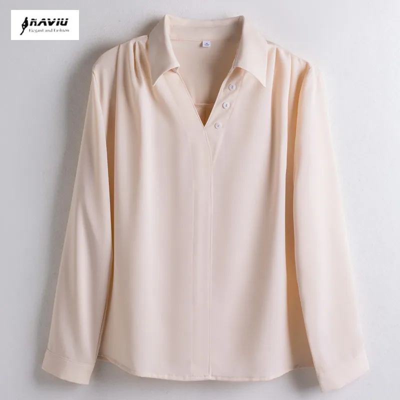 

NAVIU Women Solid Elegant Fashion Chiffon Shirts Spring Office Lady V Neck Temperament Tops Formal Blouses Apricot White